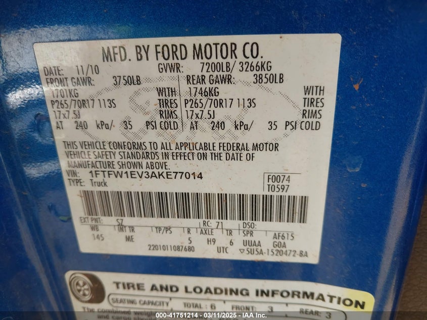 2010 FORD F-150 VIN: 1FTFW1EV3AKE77014