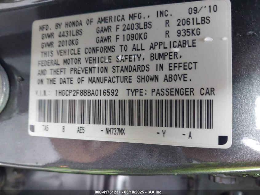 2011 Honda Accord 2.4 Ex-L VIN: 1HGCP2F88BA016592 Lot: 41751237