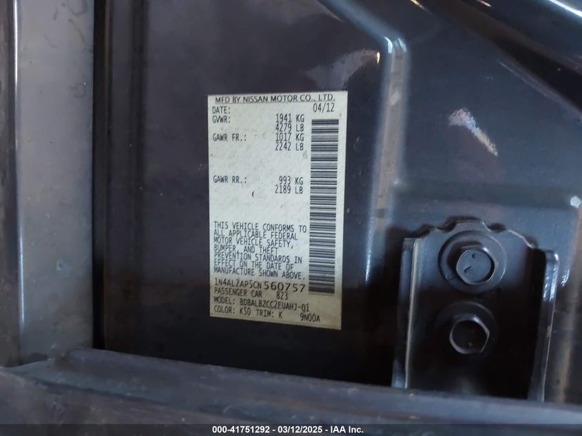 2012 NISSAN ALTIMA VIN: 1N4AL2AP5CN560757