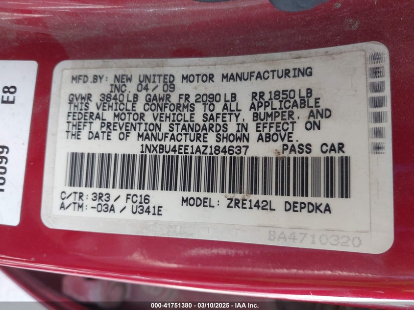 2010 TOYOTA COROLLA VIN: 1NXBU4EE1AZ184637