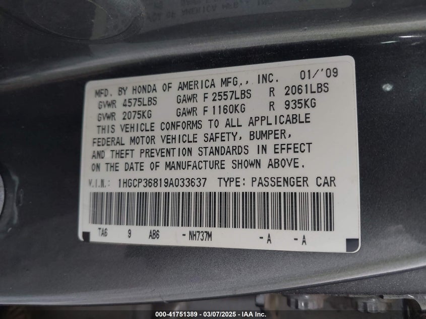 2009 HONDA ACCORD VIN: 1HGCP36819A033637
