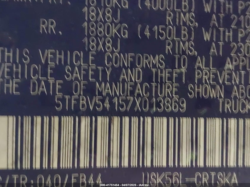 2007 TOYOTA TUNDRA VIN: 5TFBV54157X013869