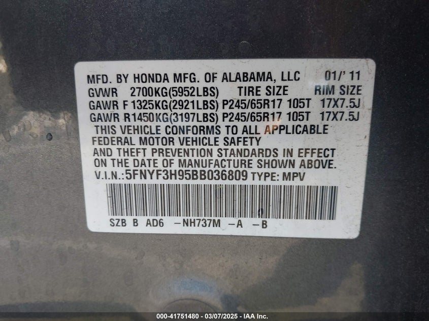 2011 HONDA PILOT VIN: 5FNYF3H95BB036809