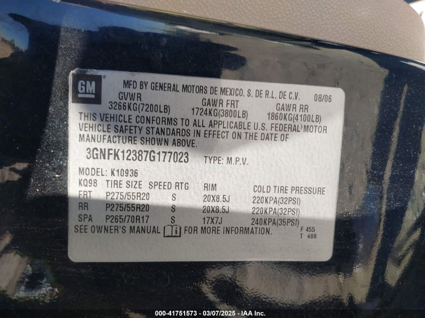 2007 Chevrolet Avalanche 1500 Ltz VIN: 3GNFK12387G177023 Lot: 41751573