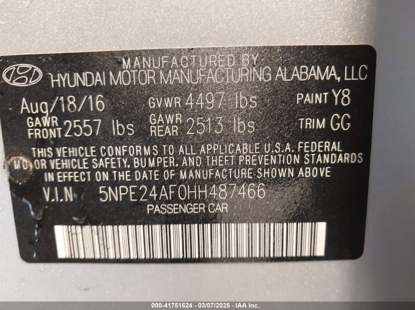 2017 Hyundai Sonata VIN: 5NPE24AF0HH487466 Lot: 41751624