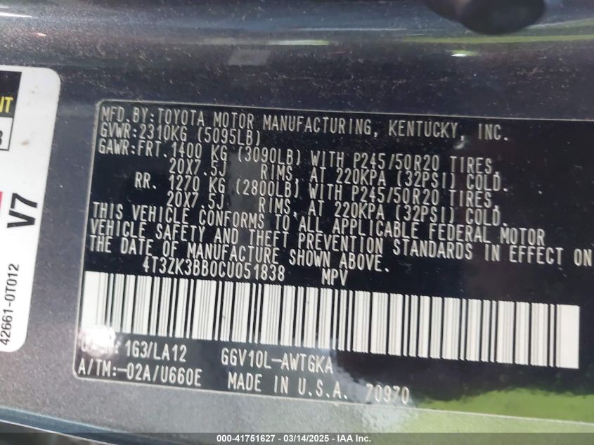 2012 Toyota Venza Limited V6 VIN: 4T3ZK3BB0CU051838 Lot: 41751627