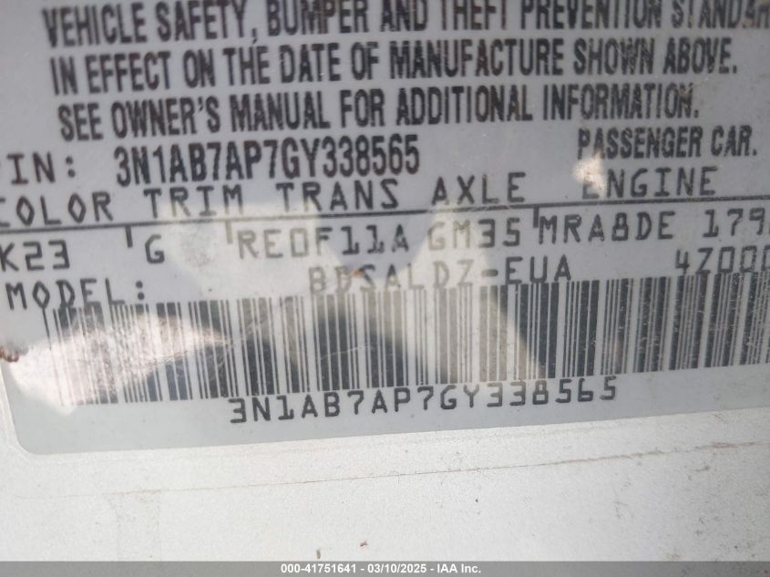2016 Nissan Sentra Sv VIN: 3N1AB7AP7GY338565 Lot: 41751641