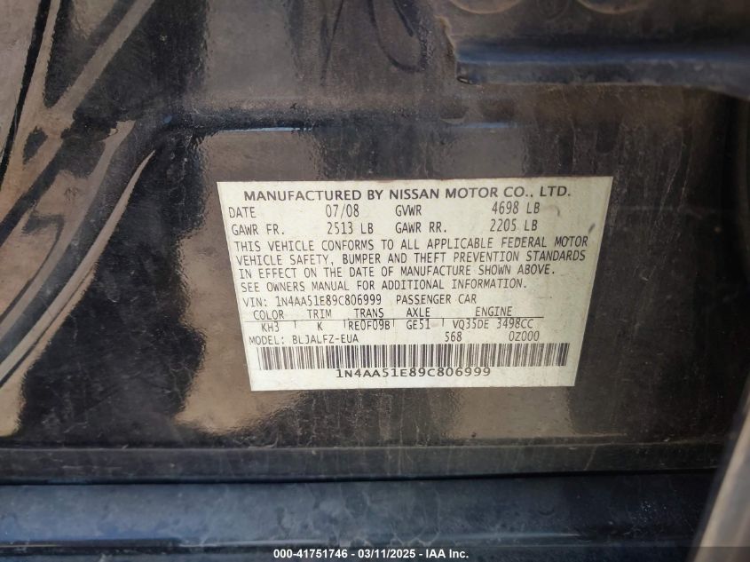 2009 Nissan Maxima 3.5 Sv VIN: 1N4AA51E89C806999 Lot: 41751746