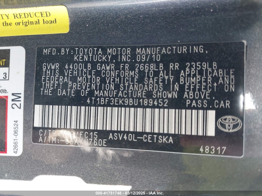 2011 TOYOTA CAMRY VIN: 4T1BF3EK9BU189452