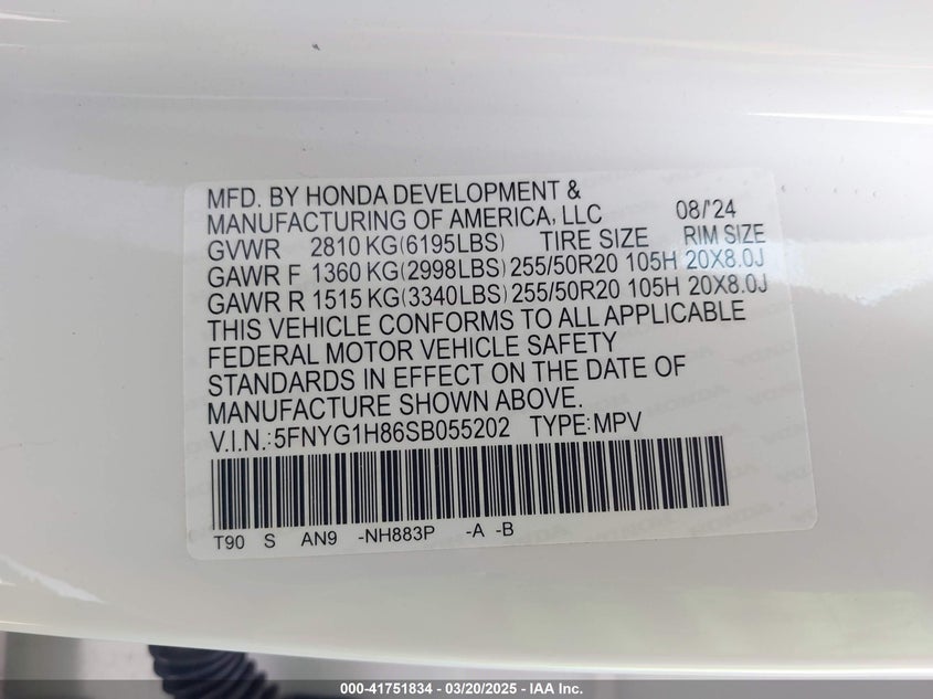 2025 Honda Pilot Elite VIN: 5FNYG1H86SB055202 Lot: 41751834