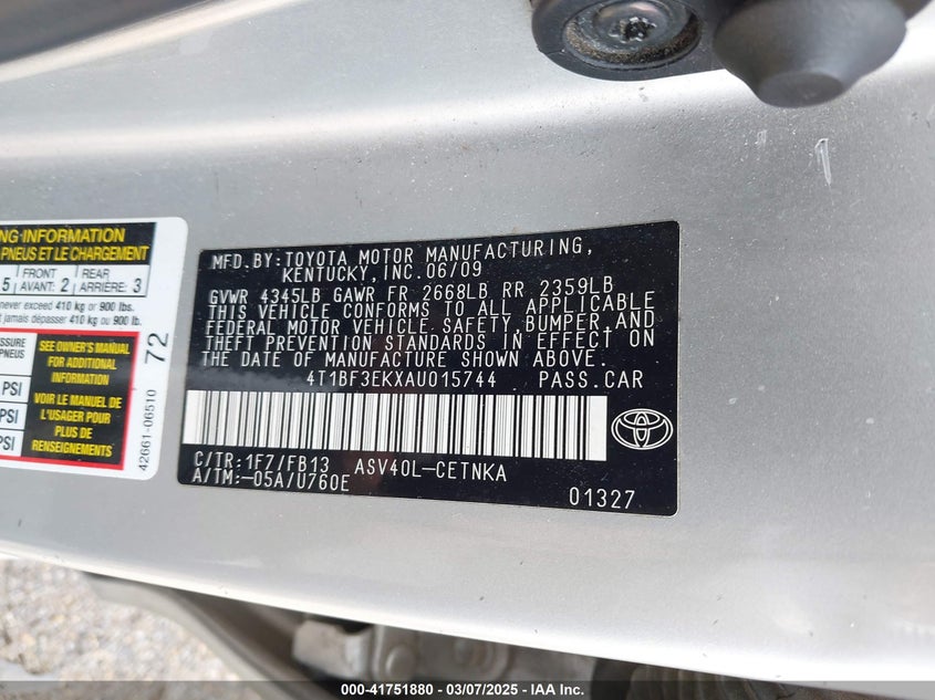 2010 TOYOTA CAMRY VIN: 4T1BF3EKXAU015744