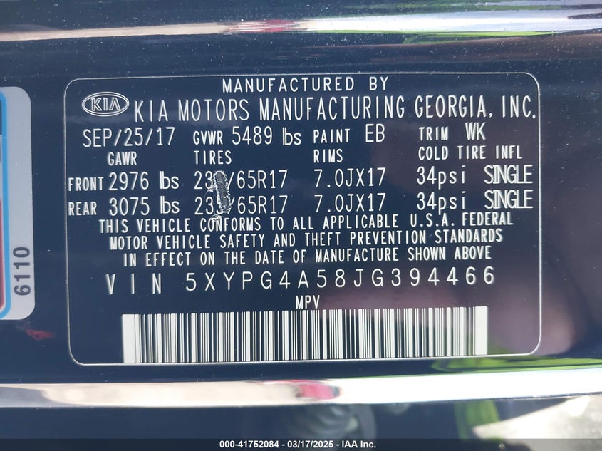 2018 Kia Sorento 3.3L Lx VIN: 5XYPG4A58JG394466 Lot: 41752084