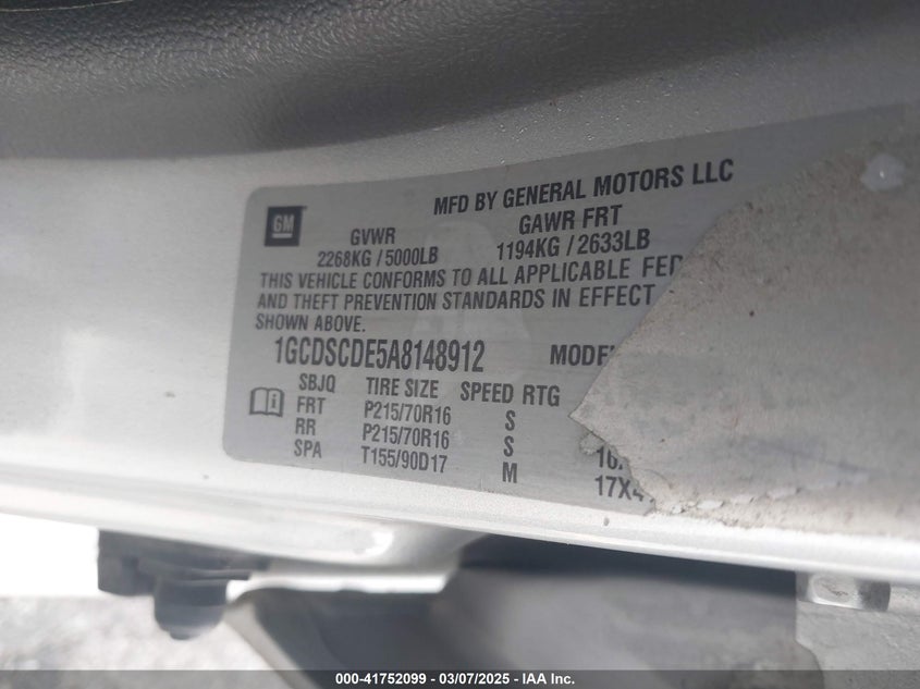 2010 CHEVROLET COLORADO VIN: 1GCDSCDE5A8148912