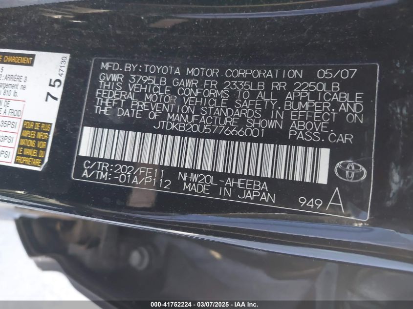 2007 Toyota Prius Touring VIN: JTDKB20U577666001 Lot: 41752224