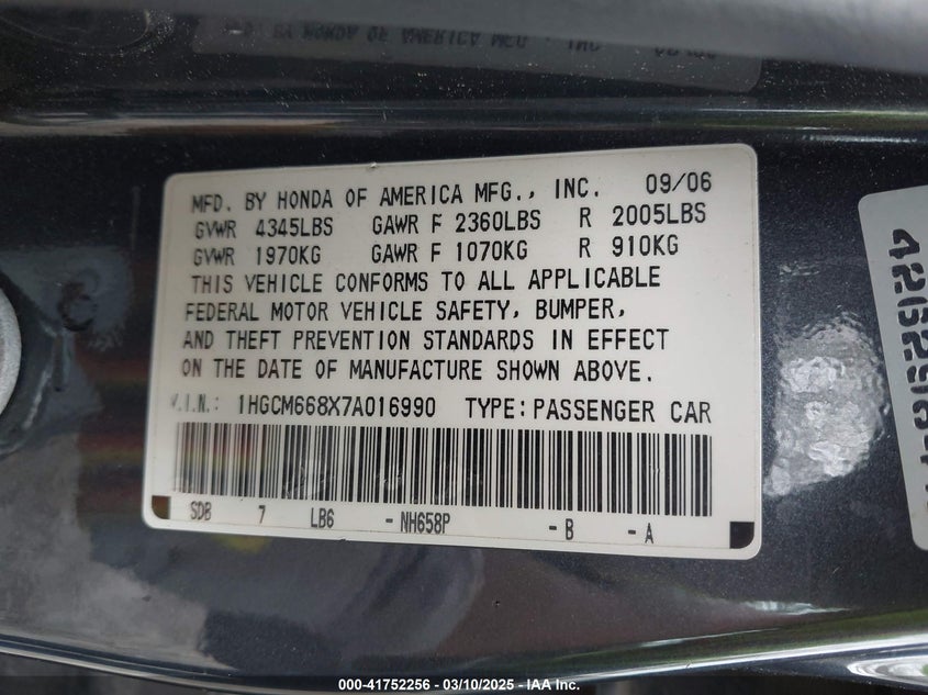 2007 HONDA ACCORD VIN: 1HGCM668X7A016990