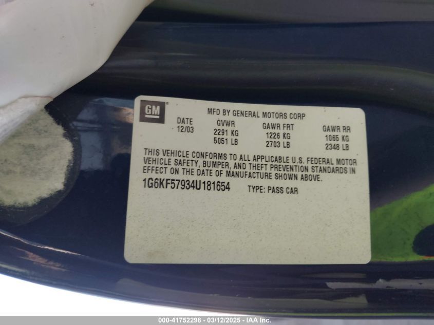 2004 Cadillac Deville Dts VIN: 1G6KF57934U181654 Lot: 41752298