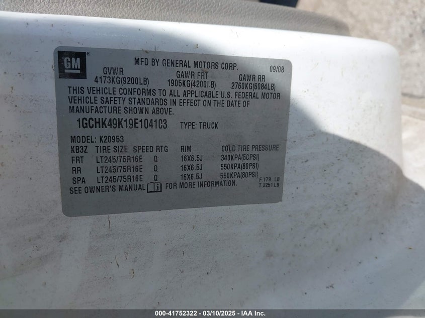 2009 CHEVROLET SILVERADO 2500HD VIN: 1GCHK49K19E104103