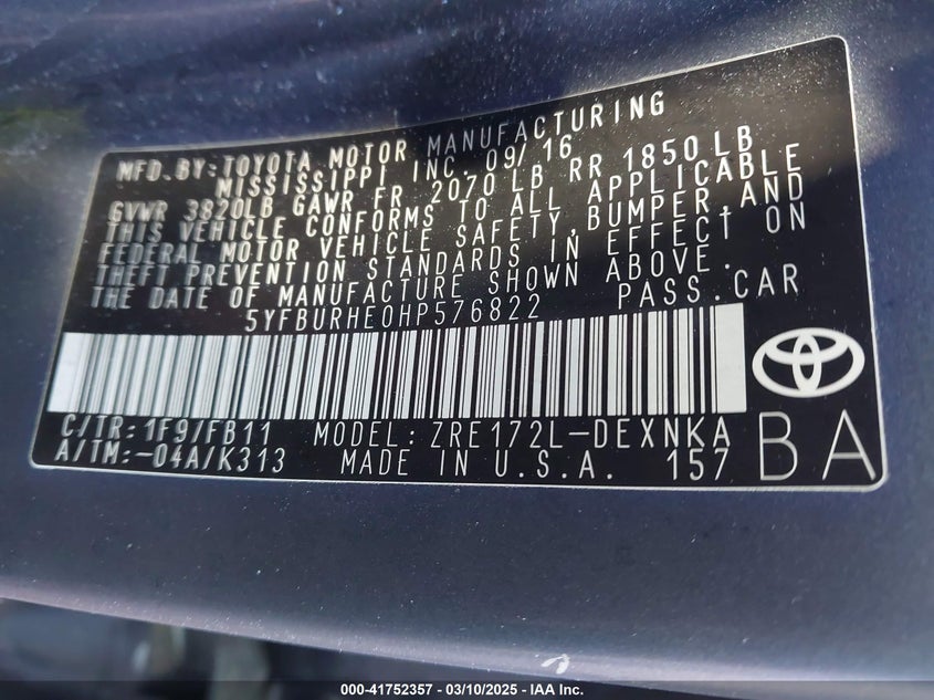 2017 TOYOTA COROLLA VIN: 5YFBURHE0HP576822