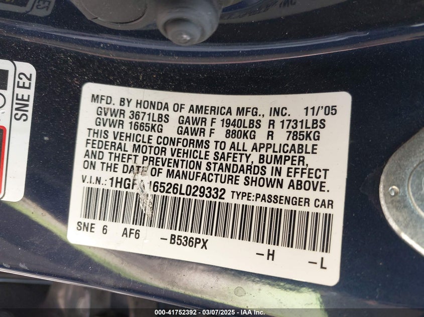2006 HONDA CIVIC VIN: 1HGFA16526L029332
