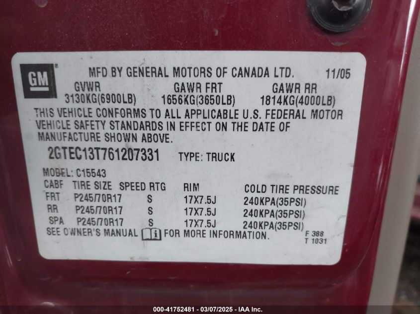 2006 GMC Sierra 1500 Sle2 VIN: 2GTEC13T761207331 Lot: 41752481