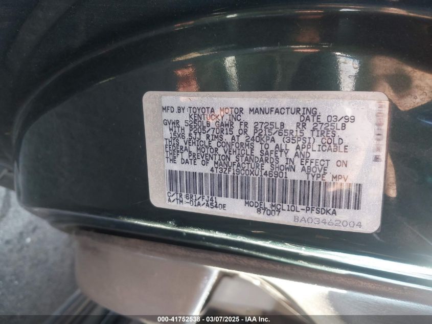 1999 Toyota Sienna Ce VIN: 4T3ZF19C0XU146901 Lot: 41752538