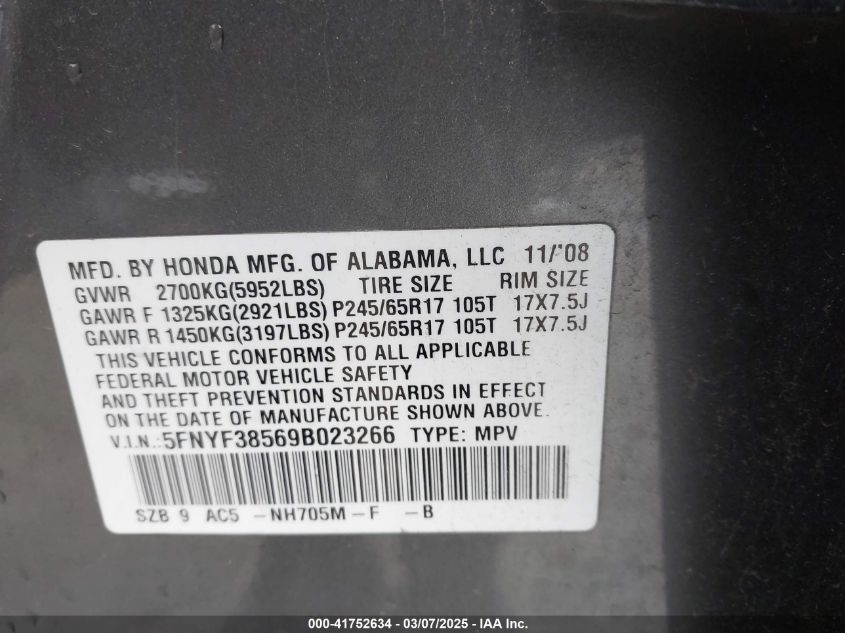 2009 Honda Pilot Ex-L VIN: 5FNYF38569B023266 Lot: 41752634