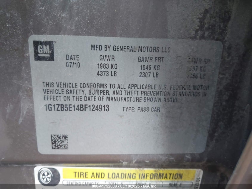 2011 CHEVROLET MALIBU VIN: 1G1ZB5E14BF124913