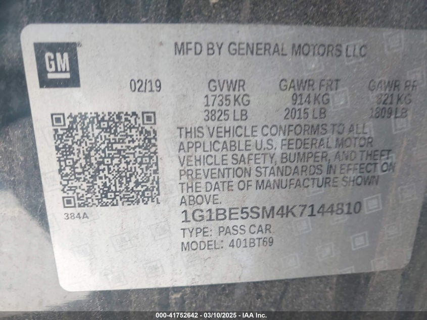 2019 CHEVROLET CRUZE VIN: 1G1BE5SM4K7144810