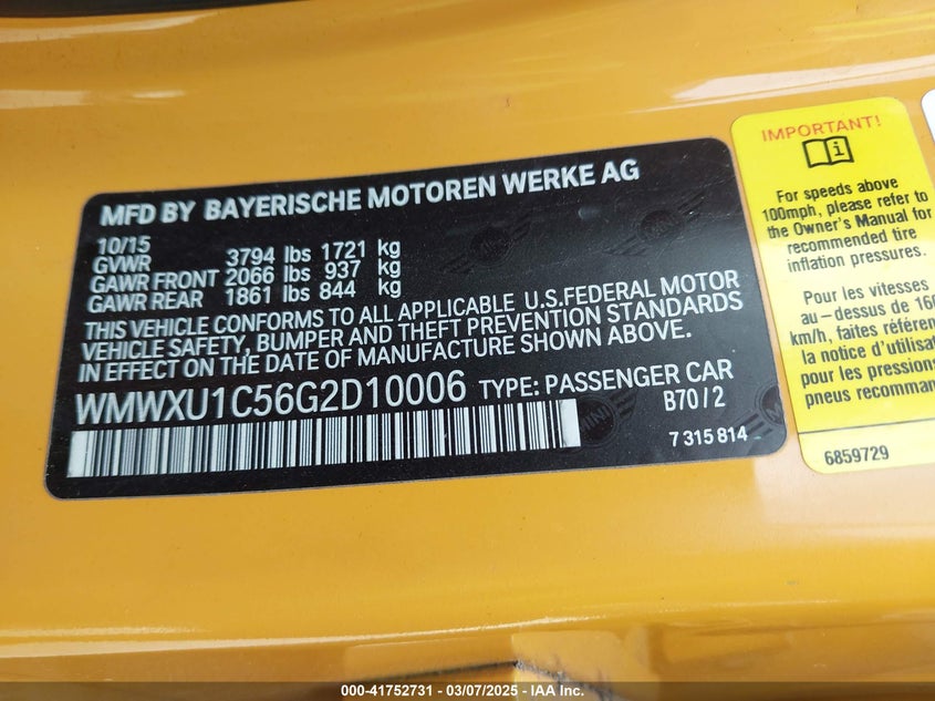 2016 MINI HARDTOP VIN: WMWXU1C56G2D10006