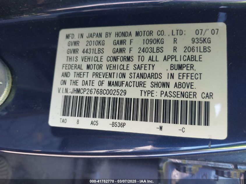 2008 Honda Accord 2.4 Ex VIN: JHMCP26768C002529 Lot: 41752770