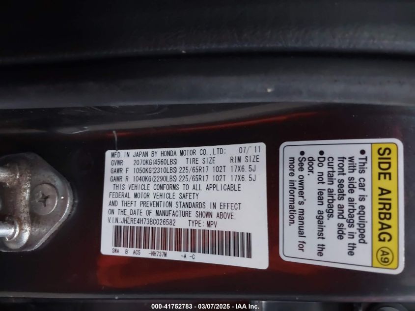 2011 Honda Cr-V Ex-L VIN: JHLRE4H73BC026582 Lot: 41752783