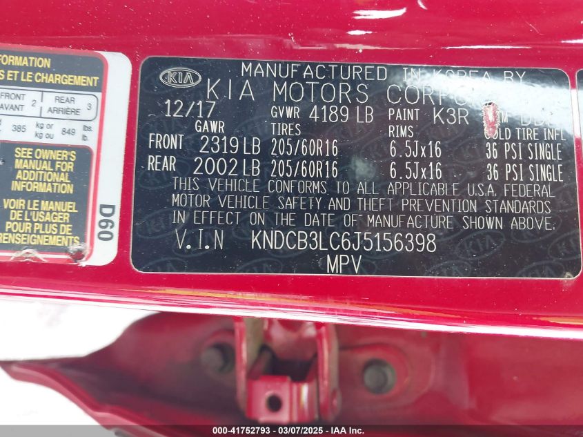 2018 Kia Niro Lx VIN: KNDCB3LC6J5156398 Lot: 41752793