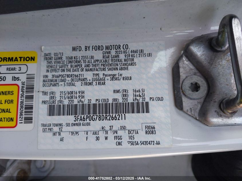 2013 Ford Fusion S VIN: 3FA6P0G78DR266211 Lot: 41752802