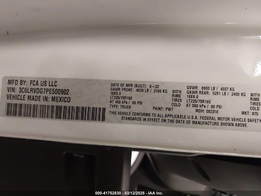 2023 Ram Promaster 2500 High Roof 159 Wb VIN: 3C6LRVDG7PE500902 Lot: 41752830