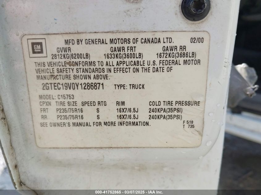 2000 GMC Sierra 1500 Sle VIN: 2GTEC19V0Y1286871 Lot: 41752865