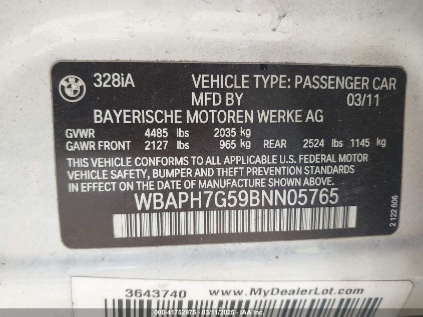 2011 BMW 328I VIN: WBAPH7G59BNN05765 Lot: 41752975