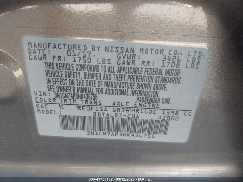 2017 NISSAN VERSA 1.6 SV - 3N1CN7AP3HK436755