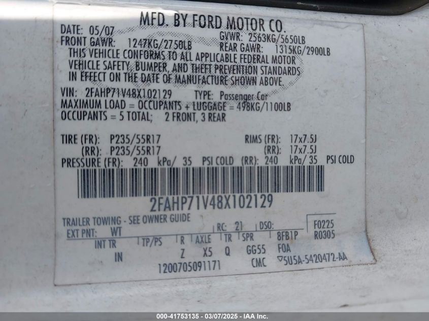 2008 Ford Crown Victoria Police/Police Interceptor VIN: 2FAHP71V48X102129 Lot: 41753135