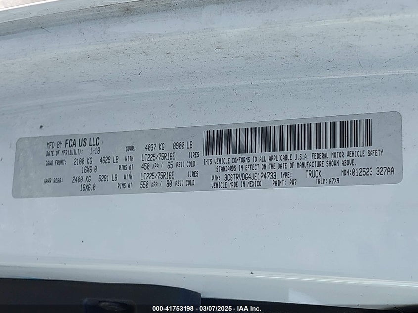 2018 Ram Promaster 2500 High Roof 159 Wb VIN: 3C6TRVDG4JE124733 Lot: 41753198
