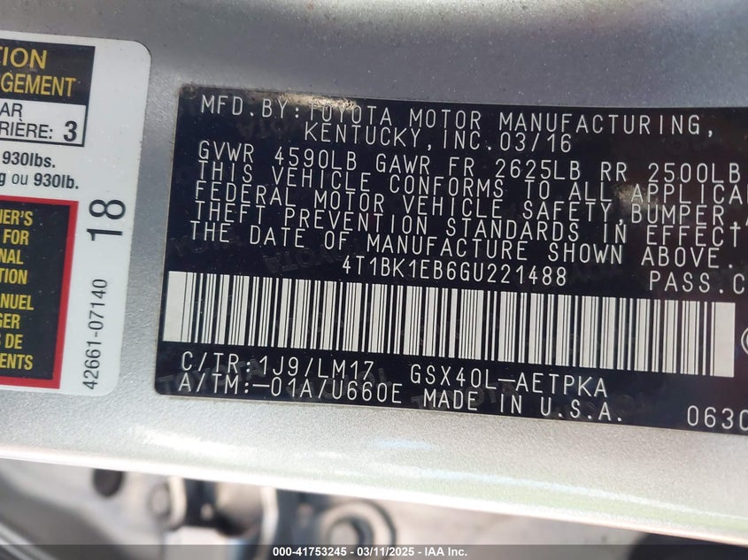 2016 TOYOTA AVALON LIMITED - 4T1BK1EB6GU221488