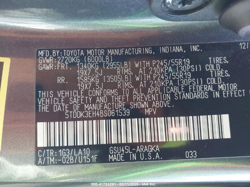 2011 Toyota Highlander Limited V6 VIN: 5TDDK3EH4BS061539 Lot: 41753291