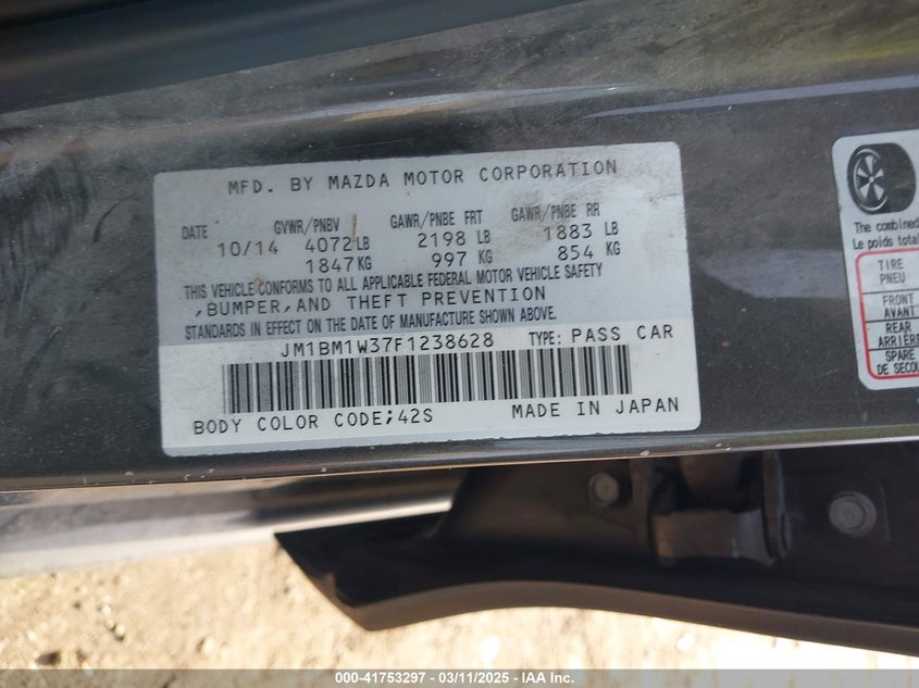 2015 MAZDA MAZDA3 VIN: JM1BM1W37F1238628