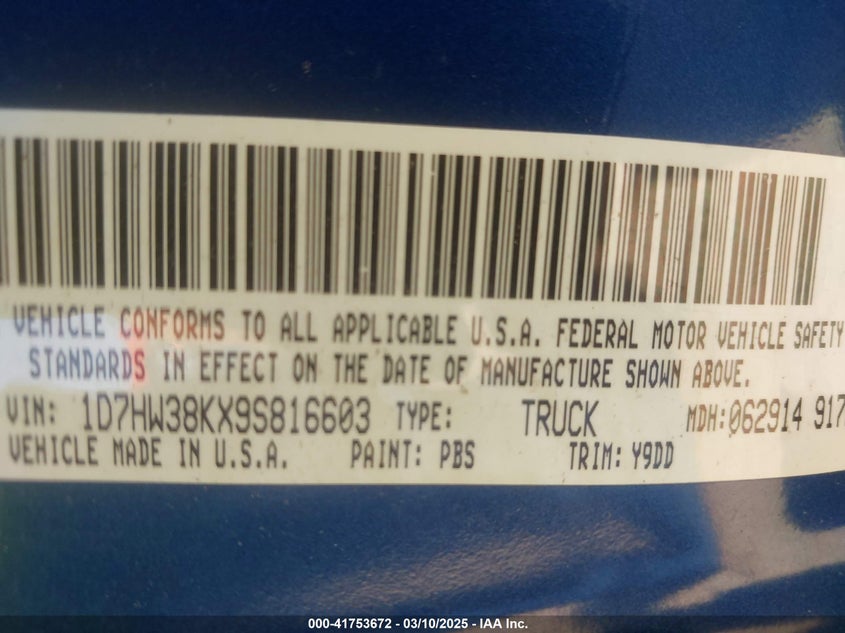2009 DODGE DAKOTA VIN: 1D7HW38KX9S816603