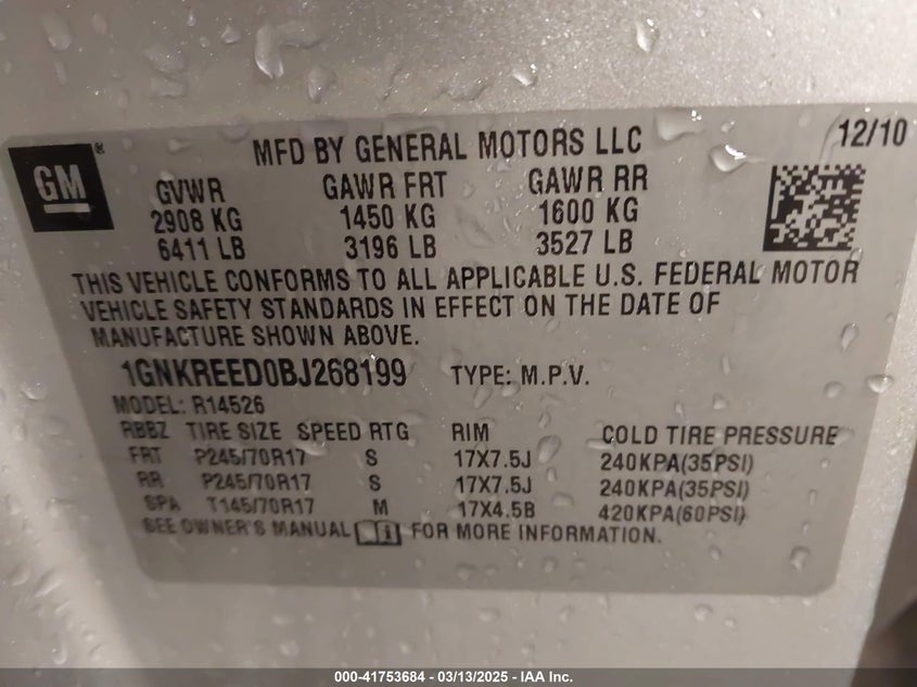 2011 CHEVROLET TRAVERSE VIN: 1GNKREED0BJ268199