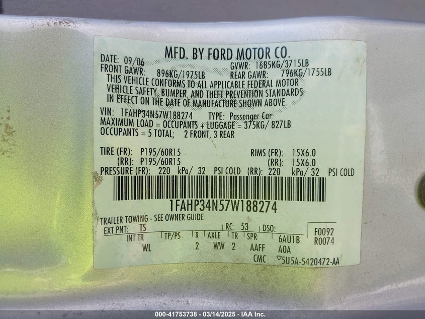 2007 FORD FOCUS VIN: 1FAHP34N57W188274