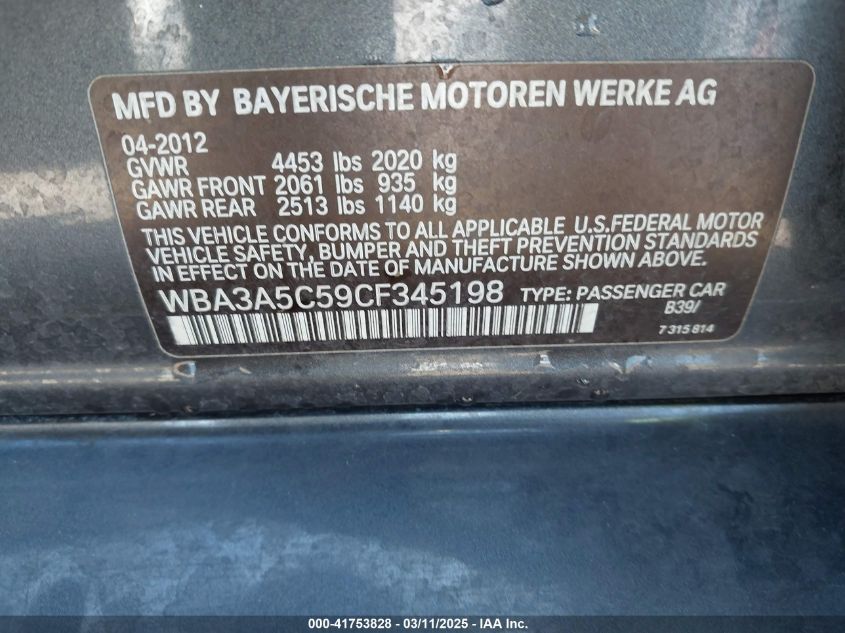 2012 BMW 328I VIN: WBA3A5C59CF345198 Lot: 41753828
