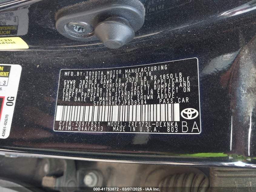 2018 TOYOTA COROLLA VIN: 5YFBURHE7JP809584