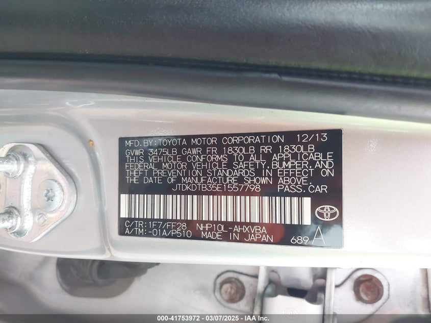2014 TOYOTA PRIUS C VIN: JTDKDTB35E1557798