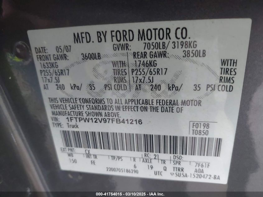 2007 Ford F-150 Lariat/Xlt VIN: 1FTPW12V97FB41216 Lot: 41754015
