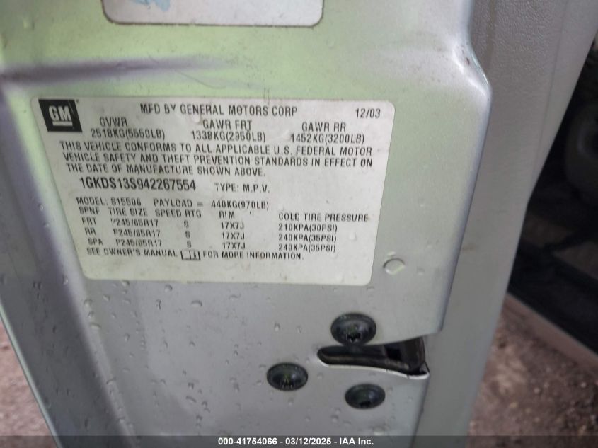 2004 GMC Envoy Slt VIN: 1GKDS13S942267554 Lot: 41754066
